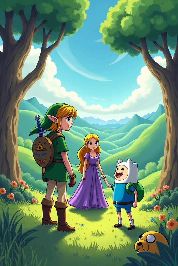 Make an illustrative image of the characters Link, de Zelda, e Finn, from Adventure Time, meeting.