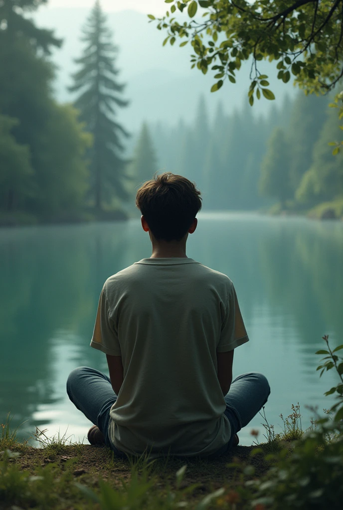 Teenage man sitting near a lake with an anonymous mask