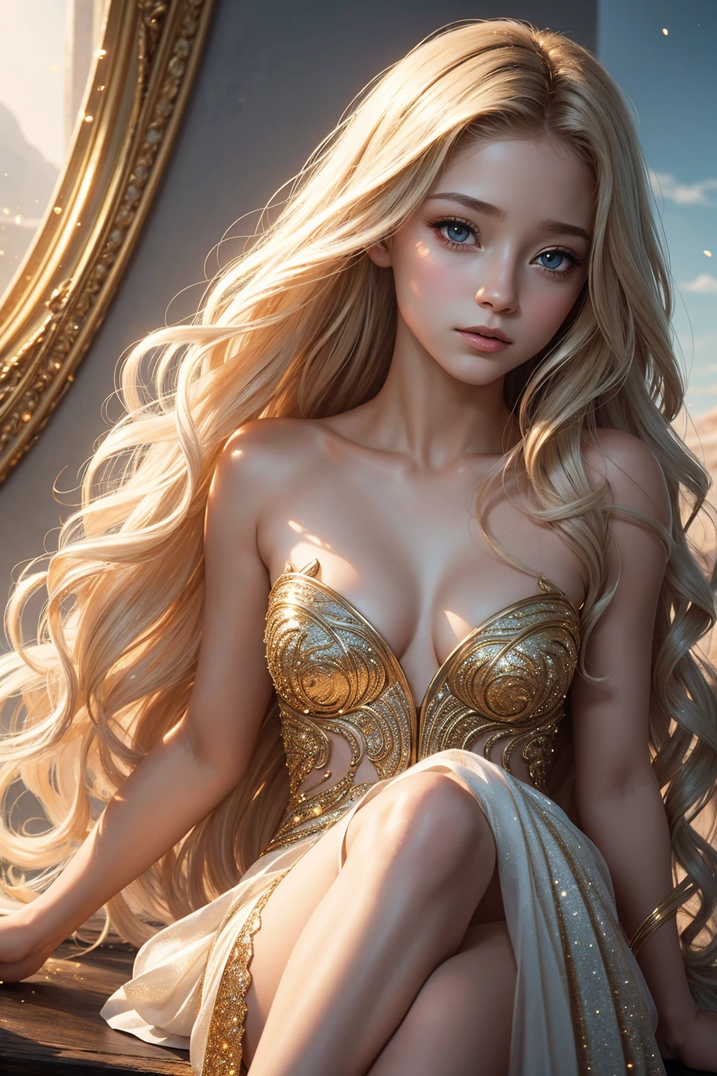 portrait Jackie Evancho, wearing aphrodite costume, against the background of a seashell, character portrait, 6 9 9 0 s, wavy hair, intricate, elegant, highly detailed, digital painting, artstation, concept art, smooth, sharp focus, illustration, art by wlop, charlie bowater and alexandra fomina, 36k, glittering, shining, correct anatomy