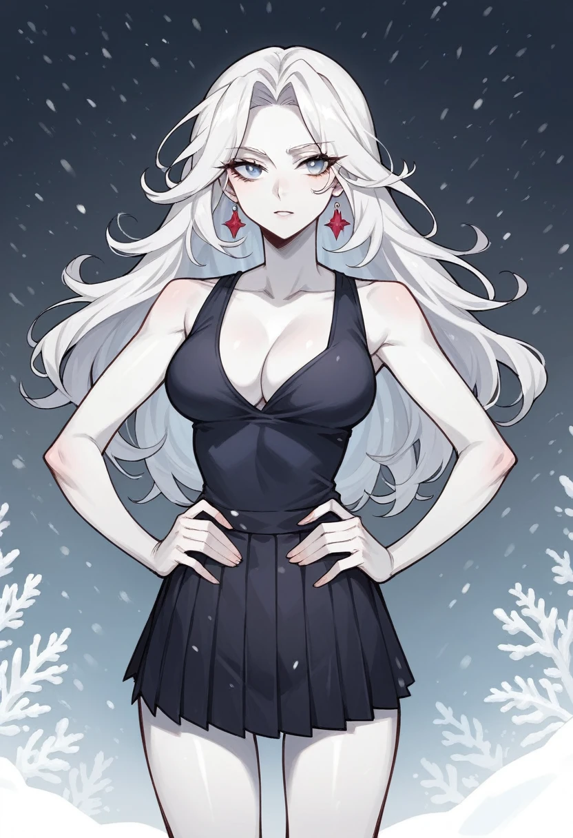 Beautiful Women in Perfect Shape:1.4,snow,Hands on hips,snow背景,Layered Hairstyle,White skin,Prominent cleavage,Pleated Skirt,whole body,The facial and skin texture is very delicate,Double eyelids,Skin Whitening,Long white hair