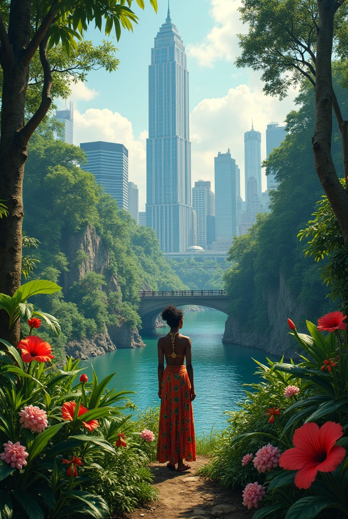On one side a tropical forest, on the other New York with the Federal Reserve Bank of New York. Indigenous florist Yarikazu Xipaia.