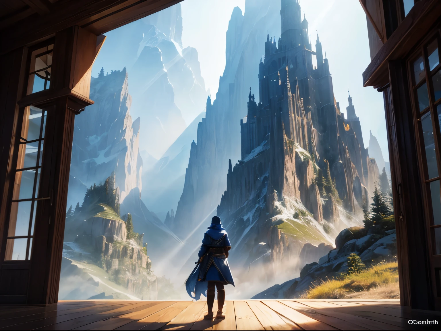 two people standing in front of a window with a light coming through it and a mountain in the background, Dirk Crabeth, matte fantasy painting, a storybook illustration, fantasy art, render