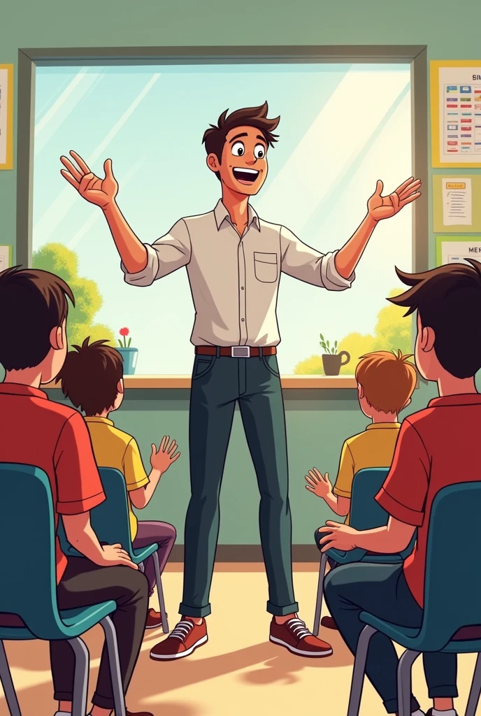 Animated comic of a male teacher at school teaching about body percussion