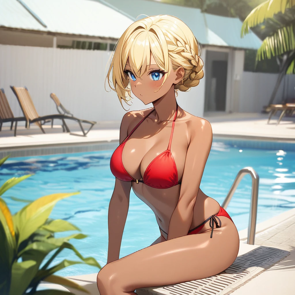 1girl(blond short hair, Braid, red bikini, Blue eyes, tall, Tan Skin), pool