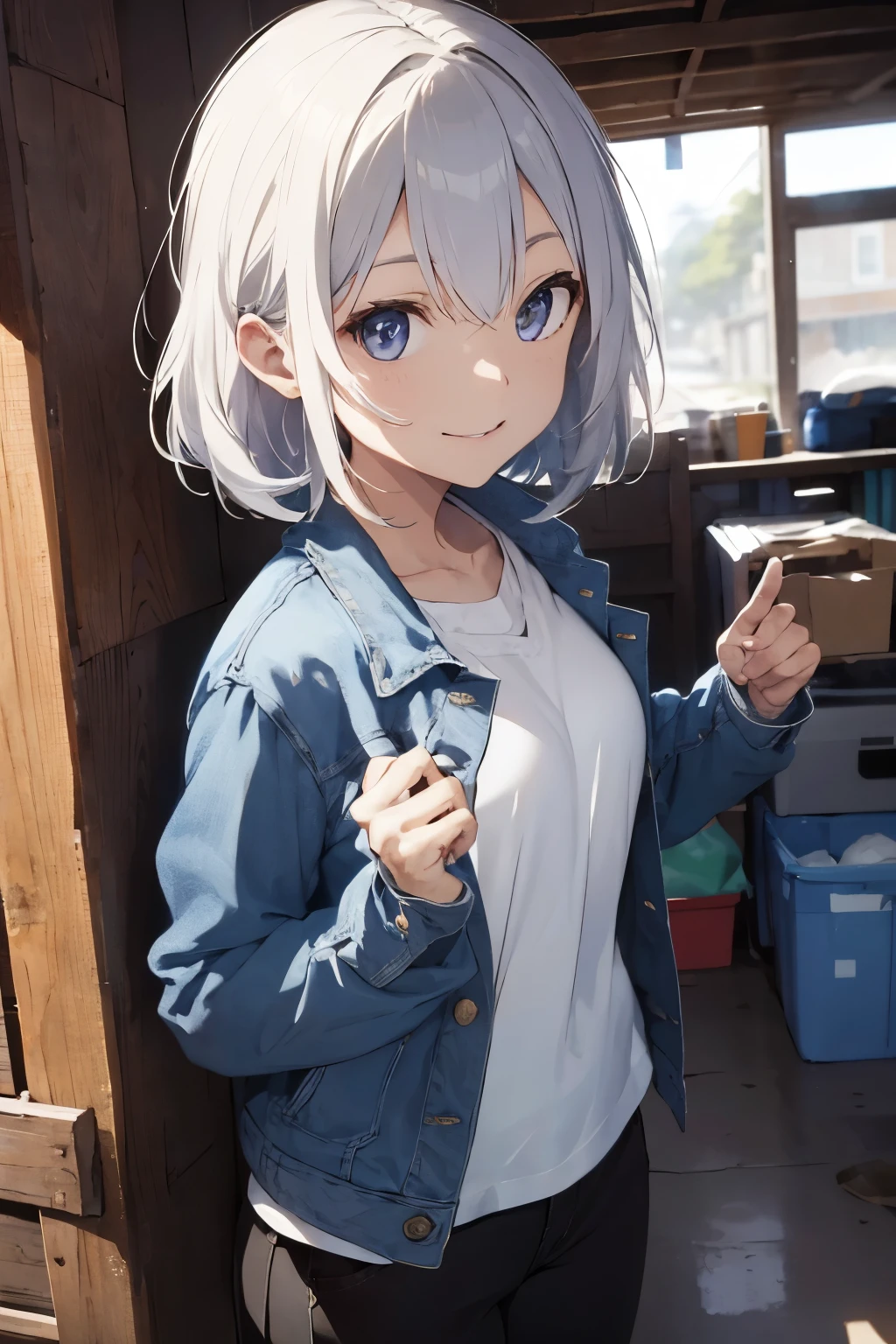 (masterpiece), best quality, BREAK, expressive eyes, (perfect face), 1woman, BREAK, (medium hair, white hair), BREAK, (lavender eyes, detailed eyes), BREAK, (happy smile) BREAK, (short heigh), BREAK, (denim jacket), BREAK (black pants) , BREAK, (black vans), BREAK, (forest), BREAK, (standing), (looking at viewer), (view from front)