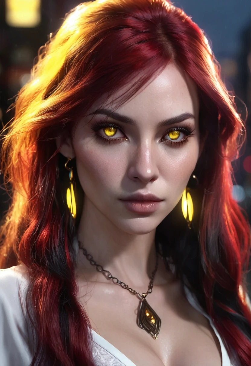 1 woman, inside a city at night, wearing a low-cut white blouse, feminine yellow eyes, detailed black skin, large breasts, hoops in her ears, long red hair, dramatic lighting, cinematic composition, dark palette, small elf ears, dark colors, atmospheric fog, thin chin, soft face, serious face, beautiful woman, adult woman, ultra realistic, adult woman (best quality, 4K, 8K, high-res, art: 1.2), ultra detailed (realistic, photorealistic, photorealistic: 1.37)
