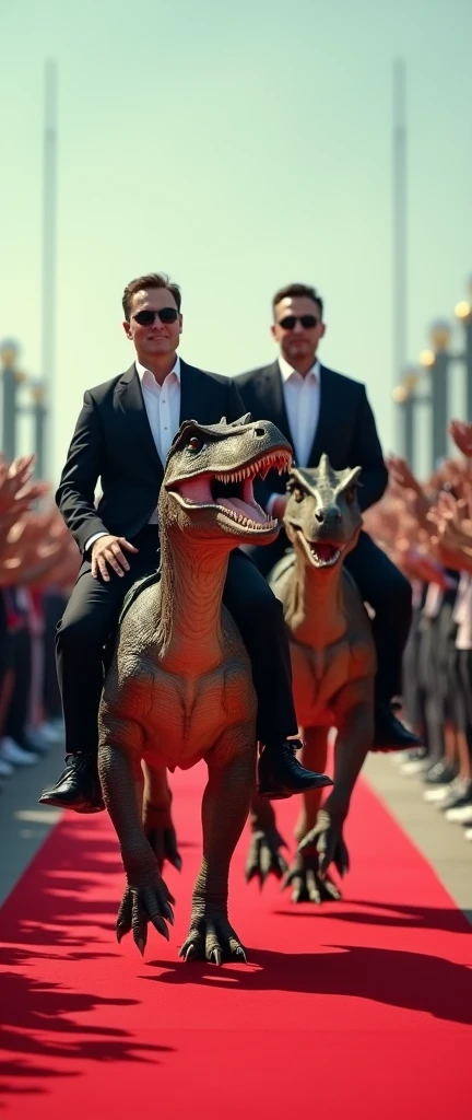 Create a realistic image of Elon Musk and Bolsonaro wearing sunglasses while a crowd applauds them, both must be riding velocraptors riding on a red carpet