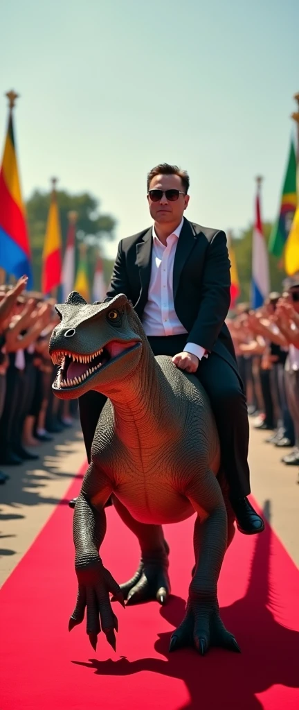 Create a realistic image of Elon Musk and Bolsonaro wearing sunglasses while a crowd applauds them, both must be riding velocraptors riding on a red carpet