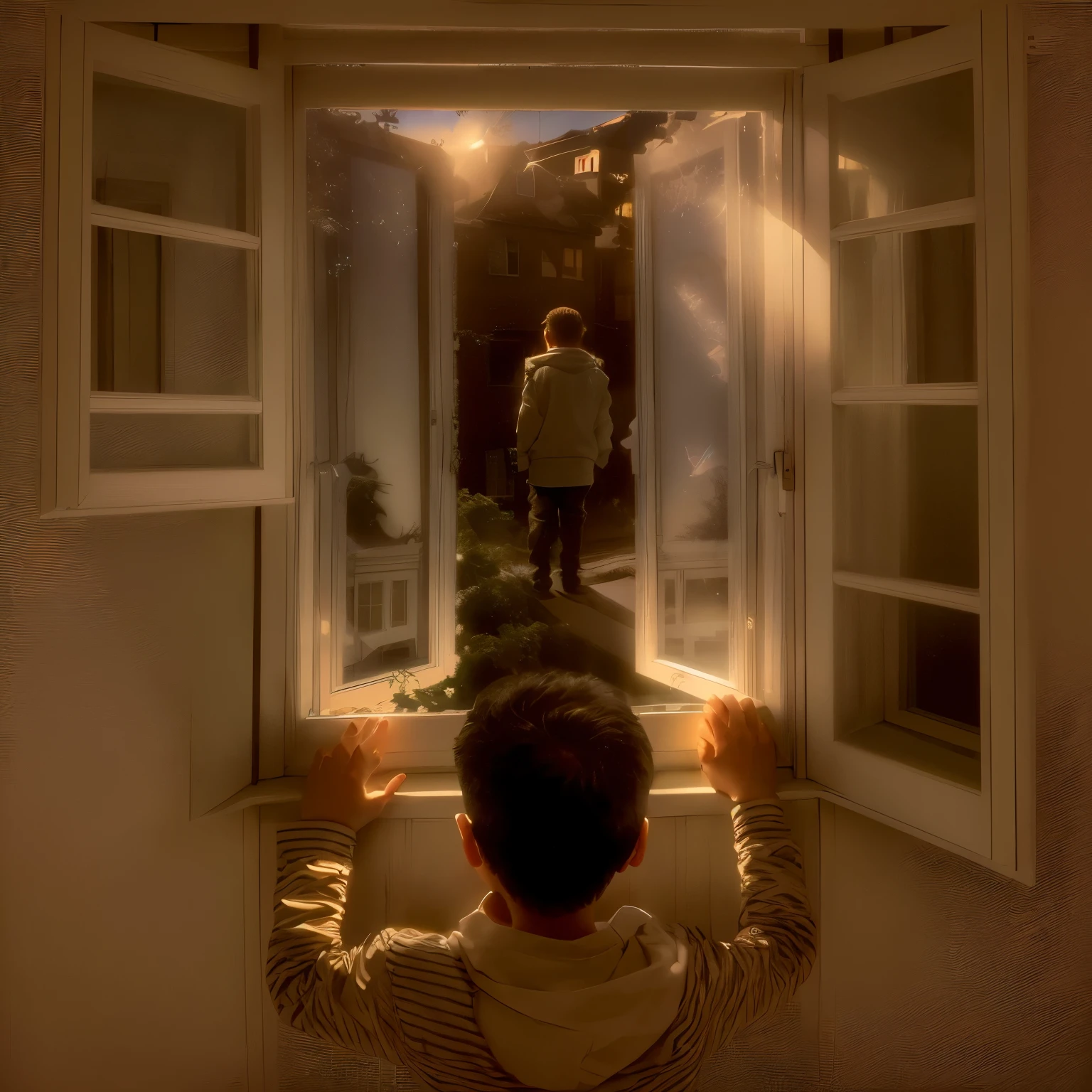 arafed image of a child looking out a window at a man, boy staring at the window, looking in the window, looking out a window, looking out open window, the window is open, looking out of the window, looking out window, looking out the window, open window at night, through the windows, looking outside, window to night time