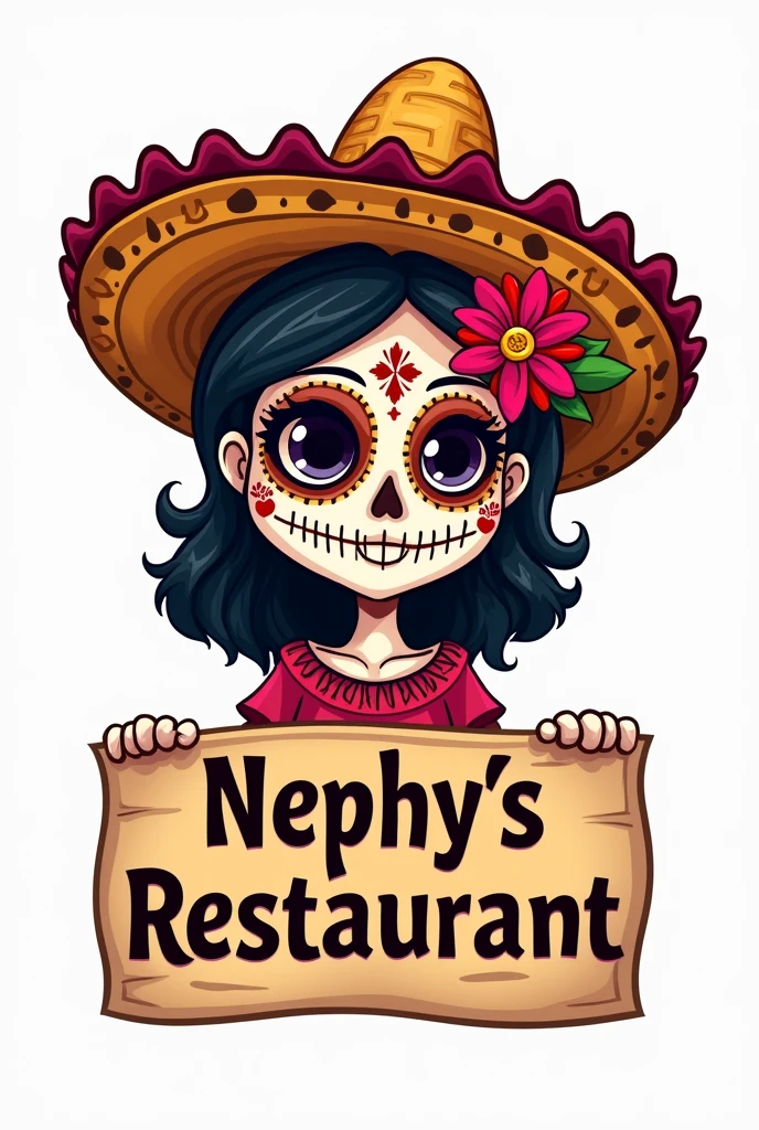 Generate a cartoon-style logo with 2 the head of a skull girl with a mariachi hat with a mariachi flower, and a sign that says Nephy's Restaurant, the transparent background, in the style of the Disney movie Coco