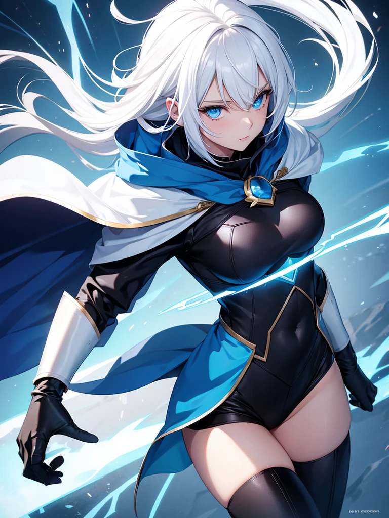 Hot girl, white hair, blue eyes, black super hero clothes, blue glove, blue cape, cat hears