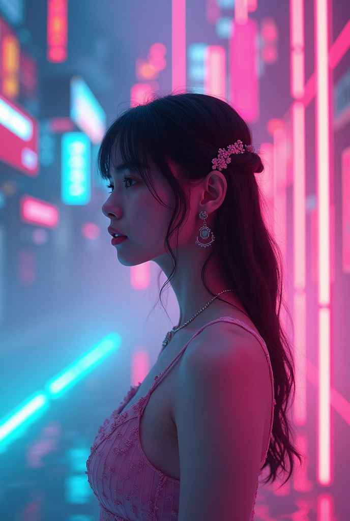 A beautiful detailed girl in a dreamlike vaporwave landscape, colorful neon lights, glowing futuristic elements, intricate geometric patterns, cinematic lighting, pastel colors, ethereal atmosphere, surreal and psychedelic, 8k, best quality, masterpiece, ultra-detailed, photorealistic