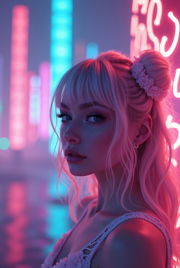 A beautiful detailed girl in a dreamlike vaporwave landscape, colorful neon lights, glowing futuristic elements, intricate geometric patterns, cinematic lighting, pastel colors, ethereal atmosphere, surreal and psychedelic, 8k, best quality, masterpiece, ultra-detailed, photorealistic