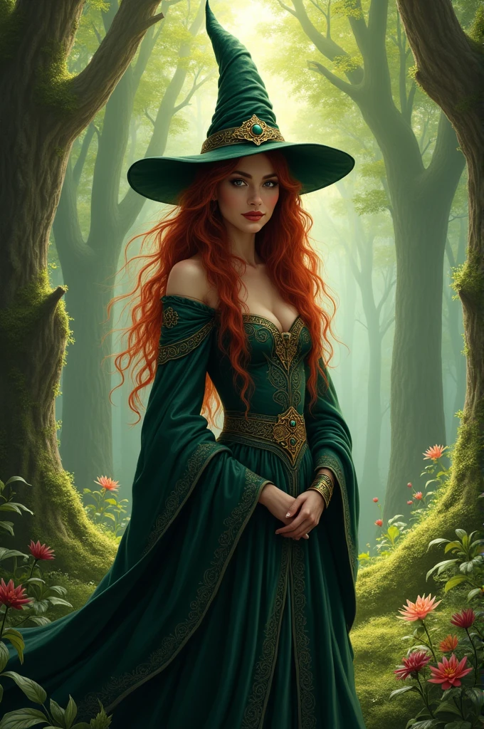 Medieval style witch in a beautiful forest with red hair