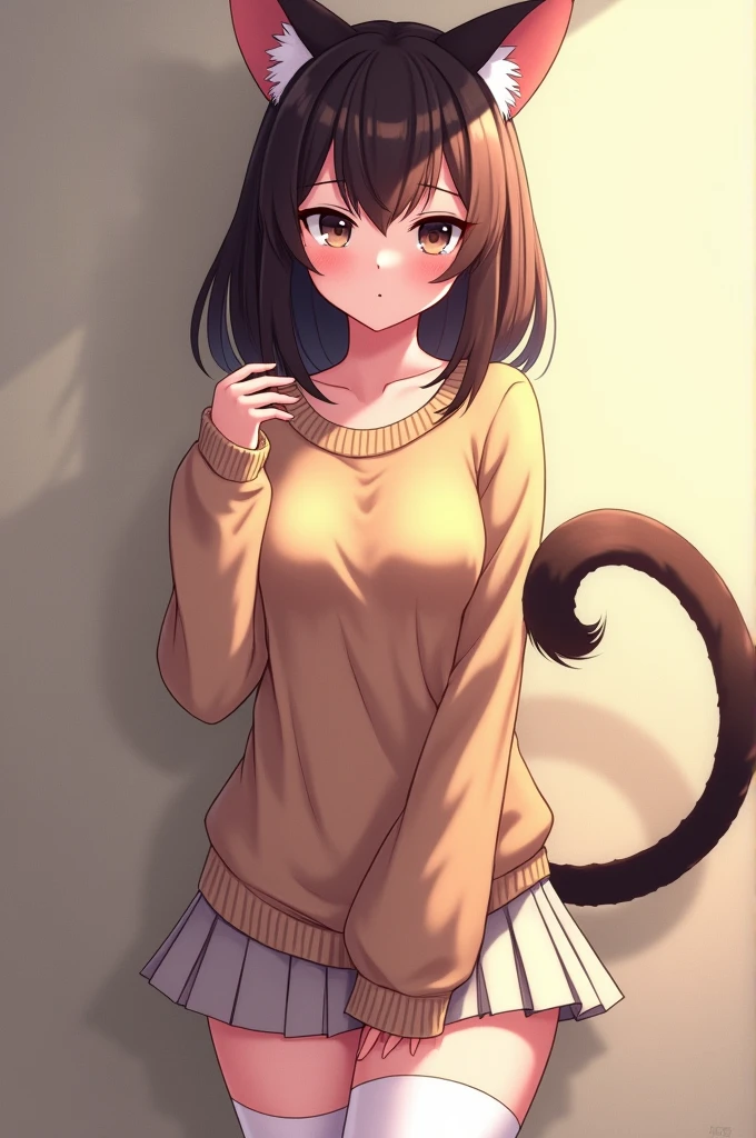 anime girl. with cat ears, and cat tail. Medium-sized breasts, dressed in a wool sweater and a short skirt, with long white stockings. posing on a wall.