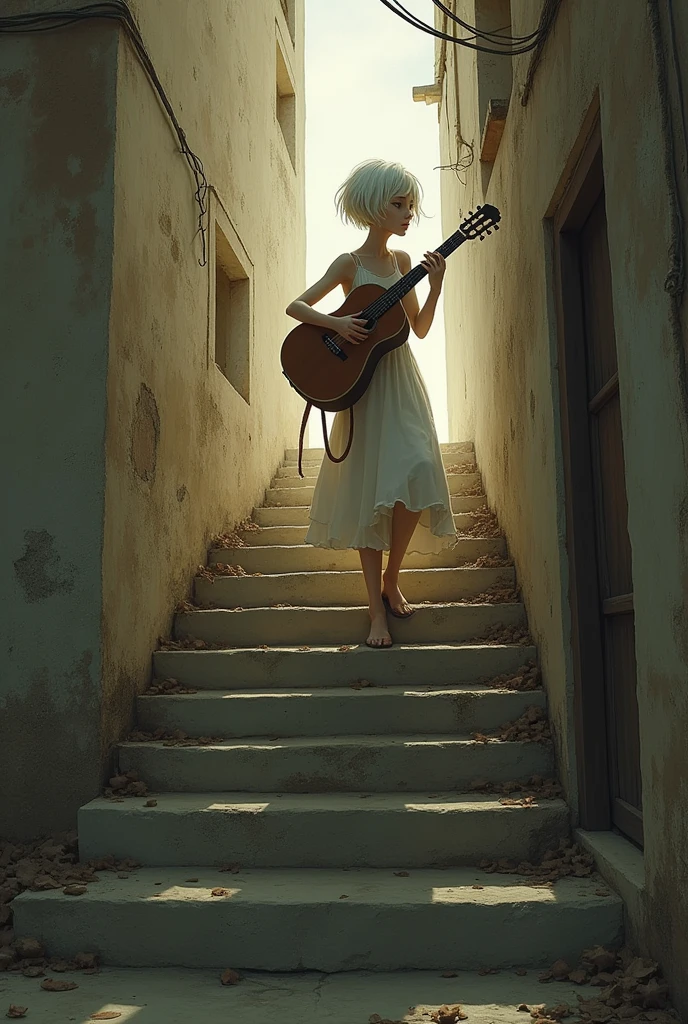 Woman with short white hair climbing stairs and playing guitar