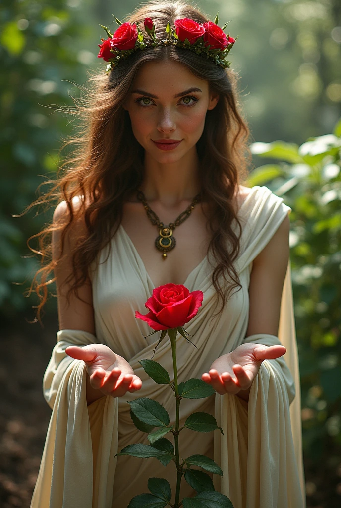 A woman with long brown hair, two color eyes (green and brown), she wears a greek goddess style outfit, wears a crown of roses. She has powers and is creating a rose from the ground 