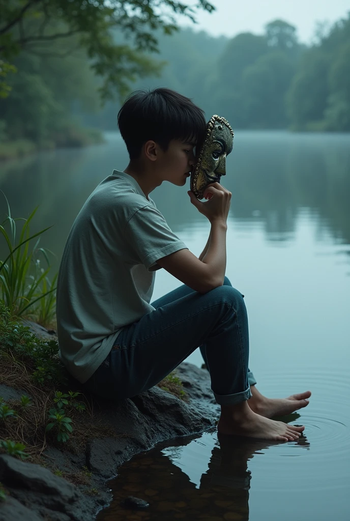 age man sitting near a lake with an anonymous mask in his hand