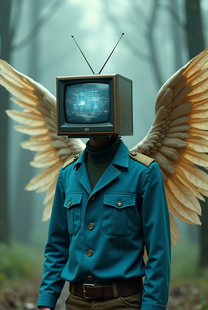 Man with a television head and a blue military shirt and paper wings