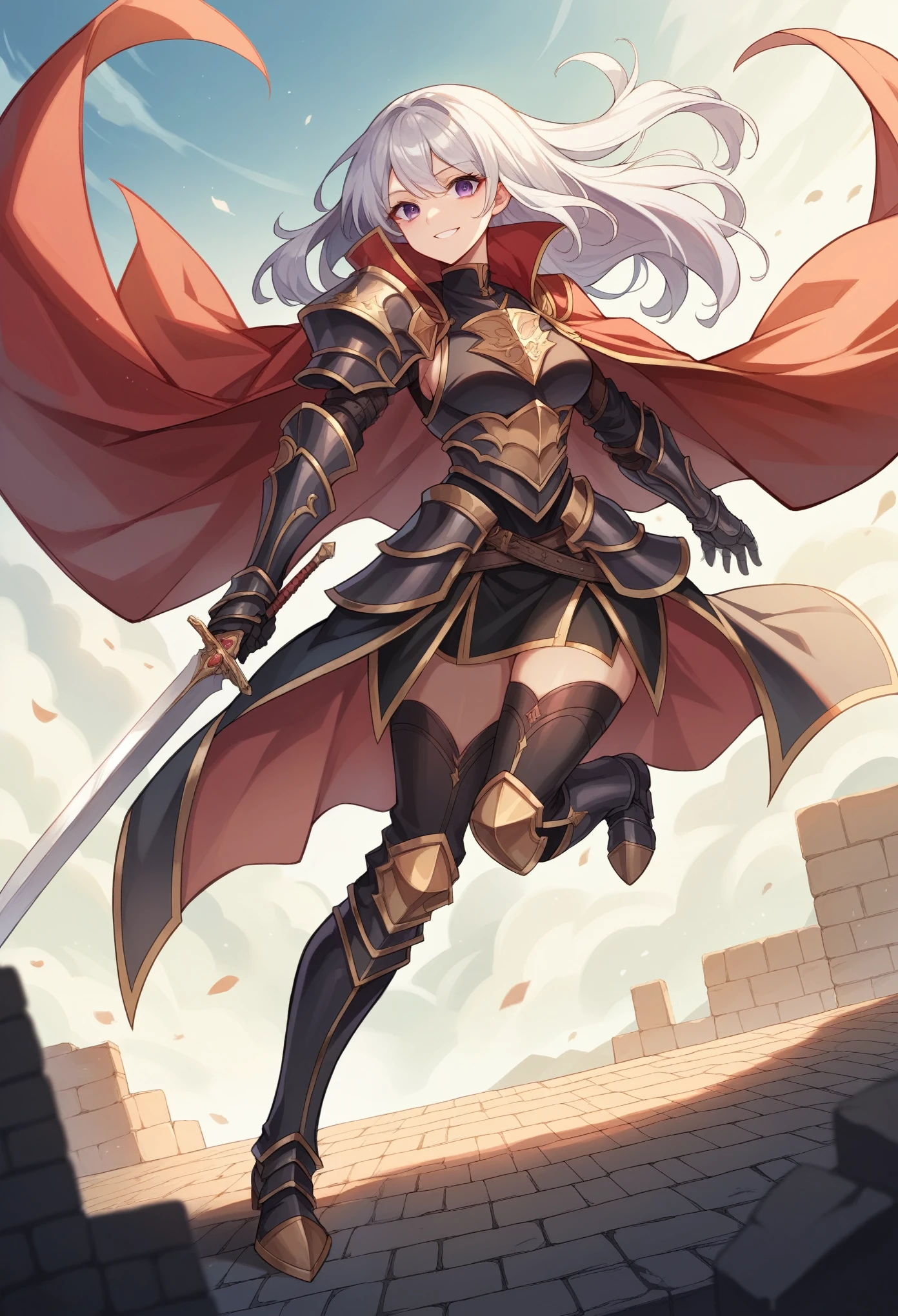 (masterpiece:1.2, Highest quality),(Anime Style),Visible from the knees to the head, 20-year-old woman,smile,Purple Eyes,Silver Hair,Half Up,Long Hair,Black Armor,Red cape with gold trim,knight,to wear a sword,Brick
