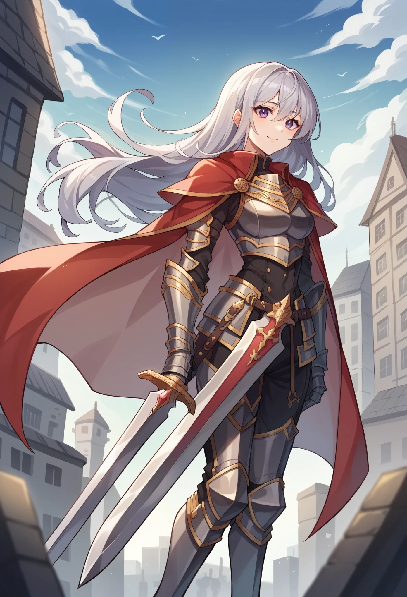 (masterpiece:1.2, Highest quality),(Anime Style),Visible from the knees to the head, 20-year-old woman,smile,Purple Eyes,Silver Hair,Half Up,Long Hair,Black Armor,Red cape with gold trim,knight,to wear a sword,city