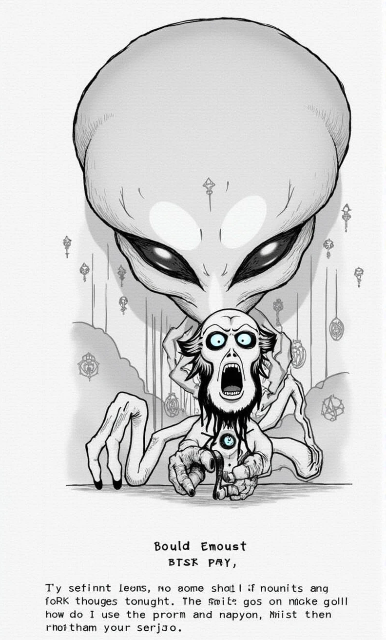 Create a highly detailed and unsettling scene of a demonic-like possession involving a Grey alien. The alien is short, with a large, bulbous head and huge, black, almond-shaped eyes that reflect a cold, emotionless intelligence. Its skin is smooth and pale, almost translucent, with faint veins visible beneath the surface. The alien is standing in a dark, shadowy room, its slender, spindly fingers pressed against the forehead of a terrified human, who is in the throes of possession. The human’s face is twisted in agony, with their mouth open in a silent scream, eyes glowing an unnatural, piercing white. Dark energy tendrils, almost like black smoke, swirl around the human’s body, seeping into their skin as if the alien is injecting malevolent power into them. The room is dimly lit by a single flickering light, casting sharp, dramatic shadows that exaggerate the horror of the scene. Arcane symbols and ancient sigils are etched into the walls