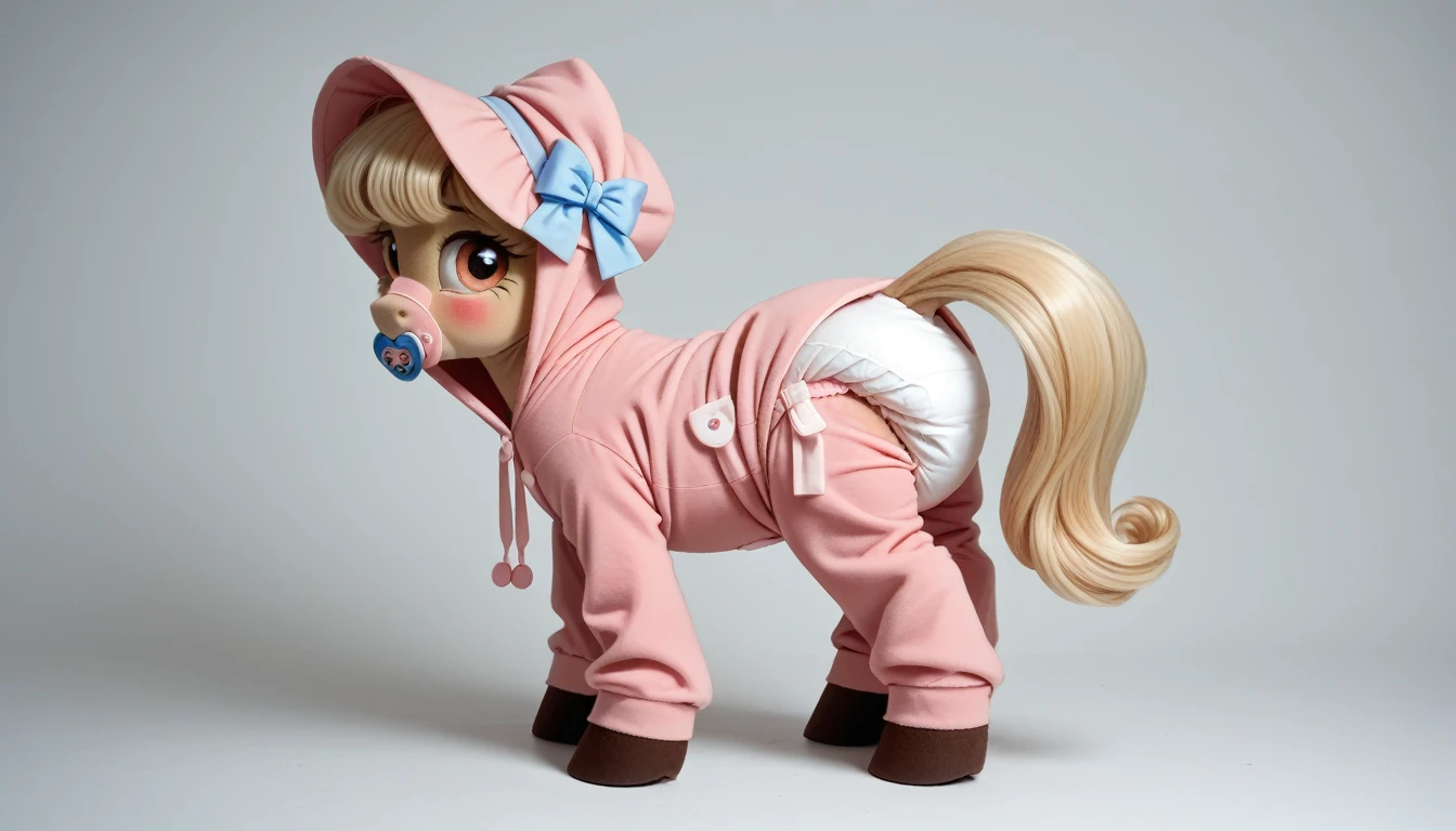 pony, beige earth pony, no horn, no wings, adult mare, stands on four hooves, rear hooves spread wide apart, dressed in onesie, bonnet and booties, pacifier in mouth, solo, thick diaper under clothes, pink blush on cheeks, embarrassment, awkwardness.