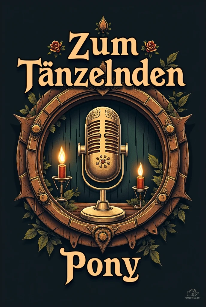 Create a logo for a podcast called: “Zum Tänzelnden Pony” in Lord of the Rings style with a microphone in the logo and the name “Zum Tänzelnden Pony” and an inn in German 
