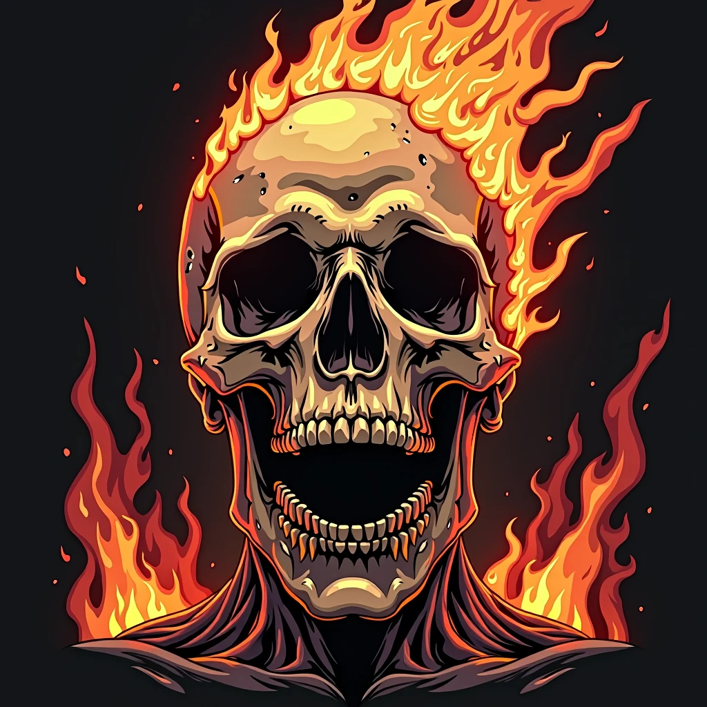 a close up of a skull with flames on it's face, flaming skull, fiery skull contemplating life, skull design for a rock band, flame, flaming grim reaper, heavy metal art style, ghost rider, heavy metal tshirt design, skull like, flames in the background, profile pic, vaporwave phone wallpaper