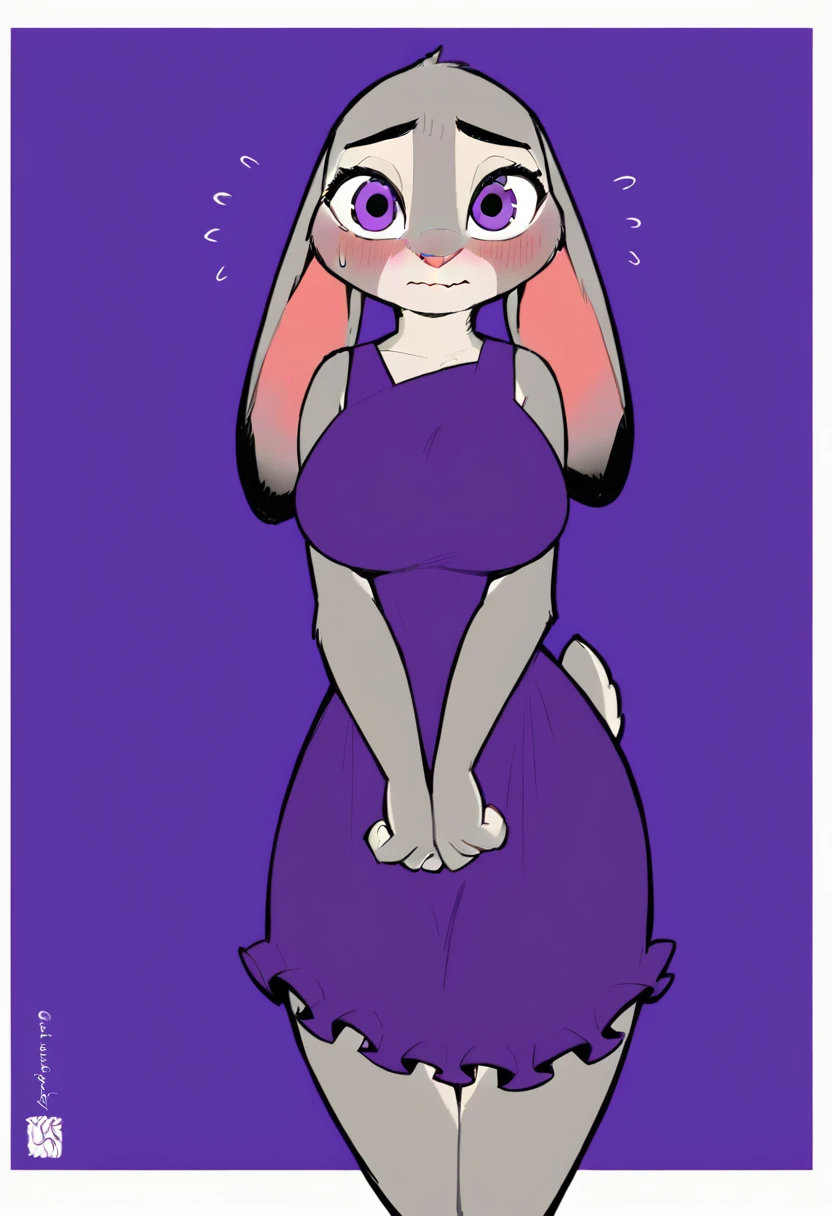 score_9, score_7_up, furry, 1girl, judy hopps, thighs, purple background, blush, embarrassed, looking at viewer, large breasts, taut dress, dress