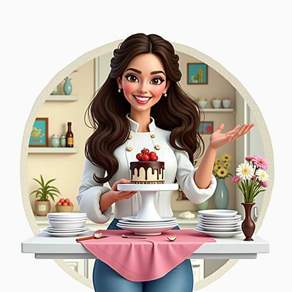 3D poster inspired by Disney Pixar, with An elegant woman,pastry chef, 35 years old, brown eyes and brown curly hair, happy grin, In pastry clothes, she is decorating a cake in a kitchen full of cupcakes and paintings