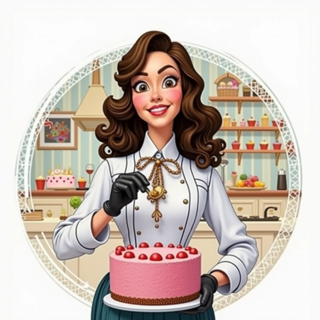 3D poster inspired by Disney Pixar, with An elegant woman,pastry chef, 35 years old, brown eyes and brown curly hair, happy grin, In pastry clothes, she is decorating a cake in a kitchen full of cupcakes and paintings