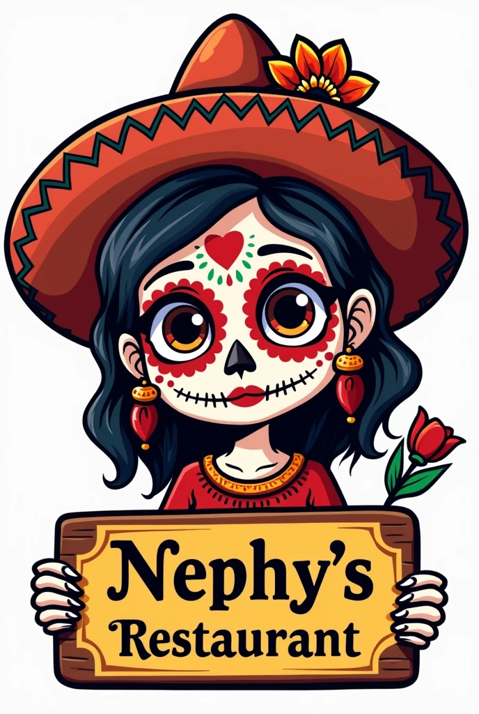 Generate a cartoon-style logo with 2girls and the head of a skull girl with a mariachi hat with a mariachi flower, and a sign that says Nephy's Restaurant, the transparent background, in the style of the Disney movie Coco
