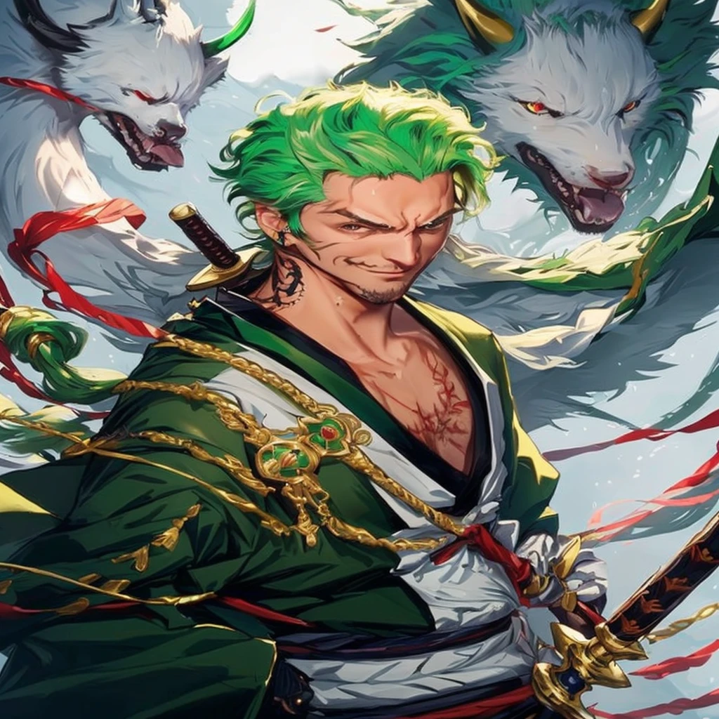 a man with green hair and green hair holding s sword