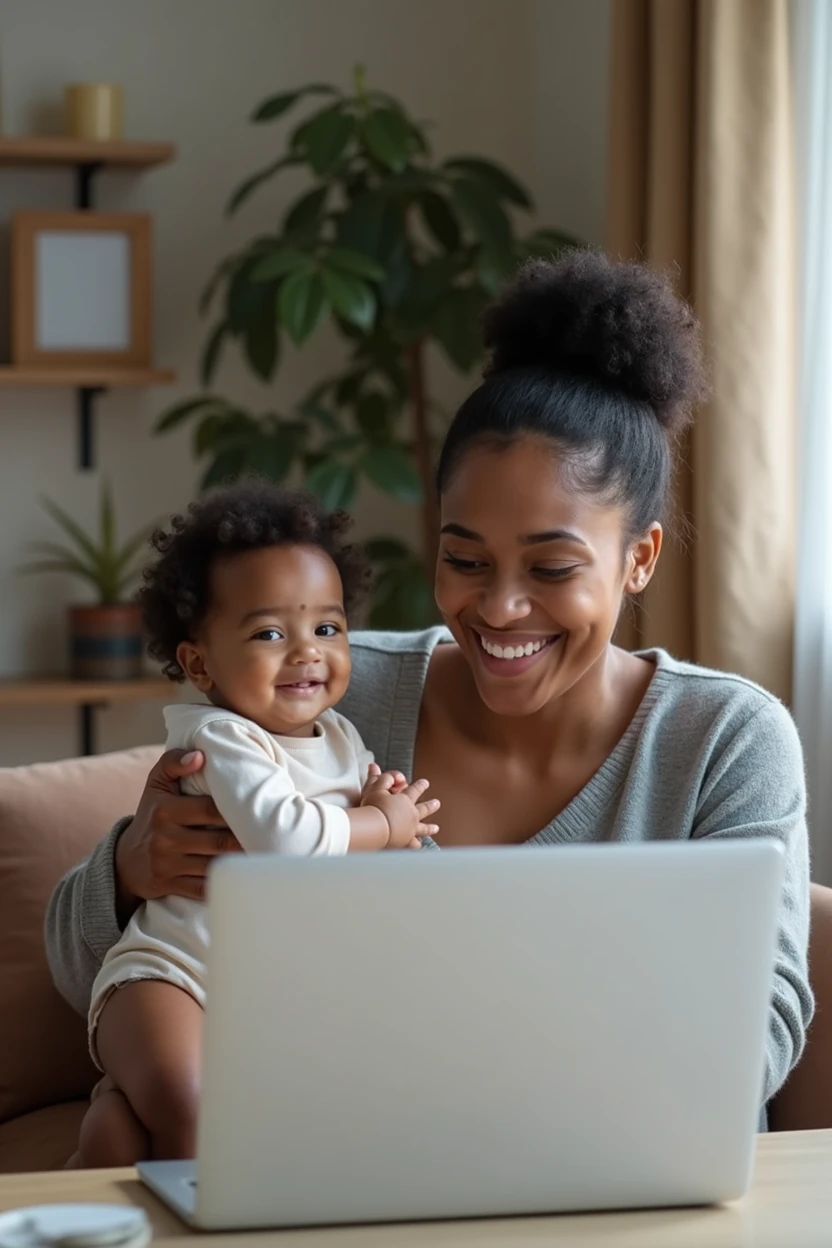 super realistic image of a smiling and happy mother with a baby in her arms. The baby has black hair and dark skin. The mother is at home, sitting in a chair in front of a table with a laptop. She is looking at the open laptop and is smiling and happy. Her home is simple, but well-kept and comfortable.