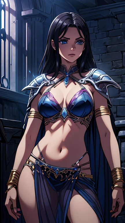 (1girl, Aspen_M, dark hair, blue eyes), (extremely detailed CG unit 8k wallpaper),(master part), (best quality), (ultra detail), (best illustration),(wanostyle), cowboy shot, (Sharp eyeliner, ombre, detail eyes), dark dungeon interiors background, ,break , (vamptech), armor,anklet, armlet, jewelry, bikini, bikini armor, pauldrons,
loincloth, pelvic curtain,see-through
