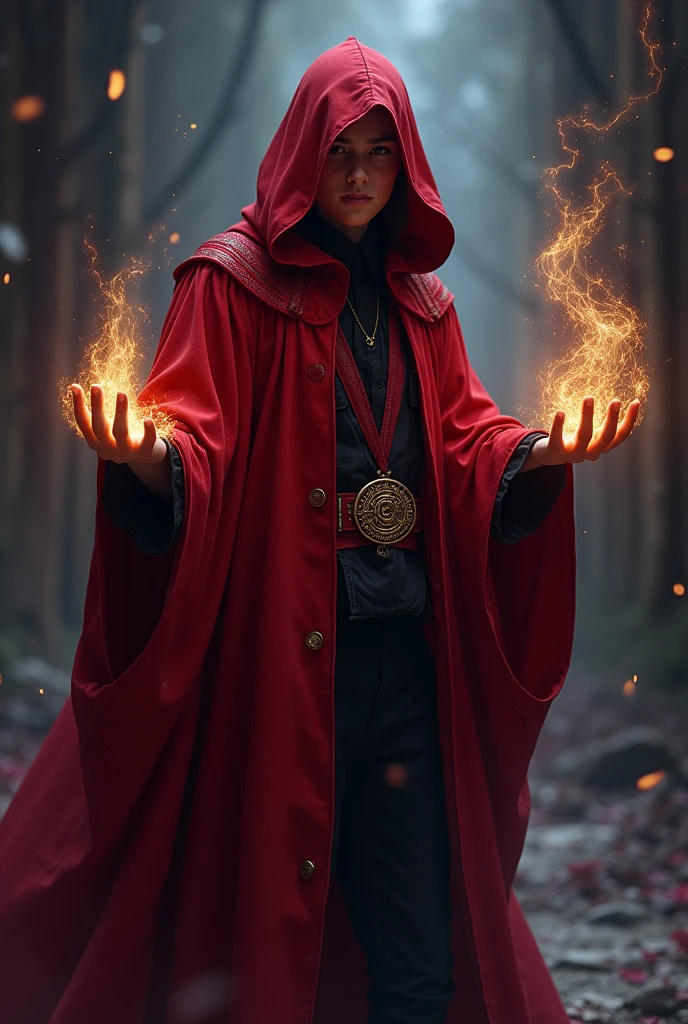 red robe young adult magician with golden rings arcane symbols goth aesthetic