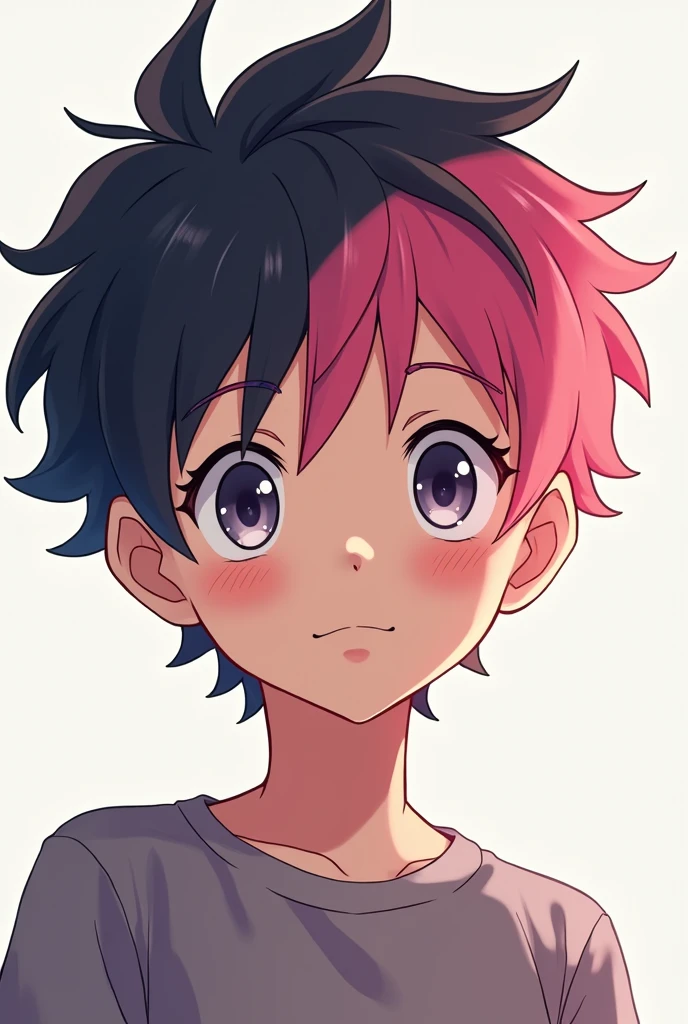 Teenage boy with dark hair and pink hair in anime
