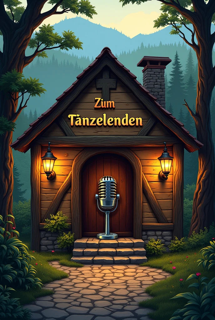 Create a logo for a podcast called: “Zum Tänzelnden Pony” in Lord of the Rings style with a microphone in the logo and the name “Zum Tänzelnden Pony” and an inn in German 