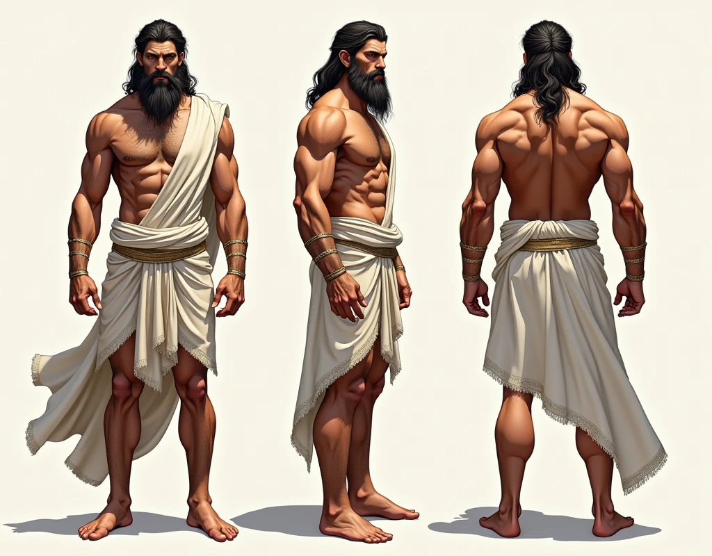 (masterpiece), ultra detailed, 3 views, character view (Front view, side view , back view), (detailed character sheet) , reference sketch of a god, God of Greek mythology, His physical appearance is often portrayed as having a strong and muscular build., by rubio, Wearing traditional Greek white clothing, like a loose tunic or chiton, Ultra-realistic, crisp, intricate details, intricate details, and style, Simple background illustration.