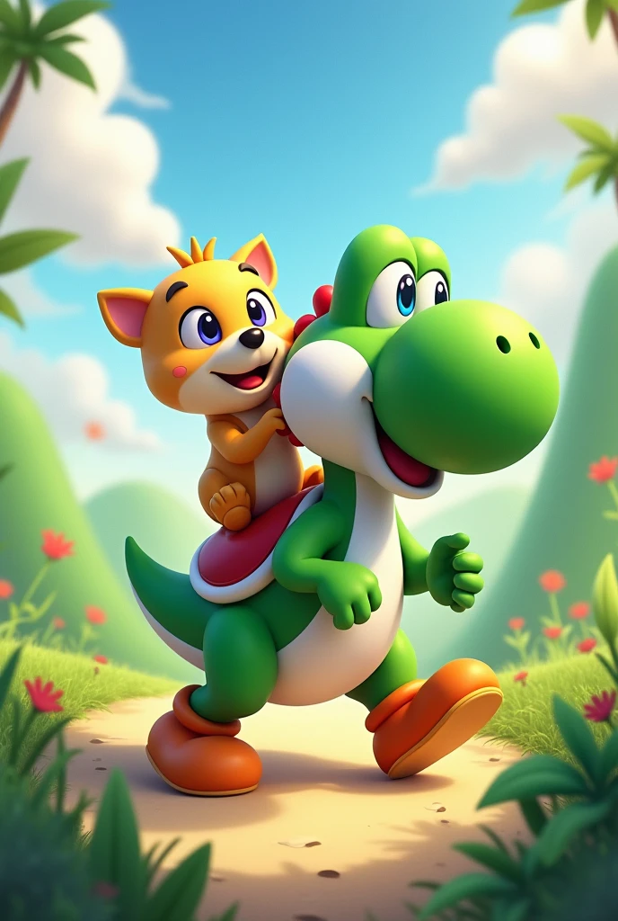 A dog riding yoshi
