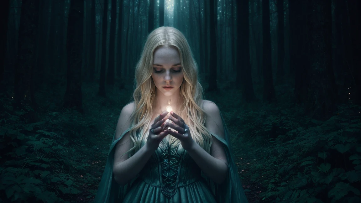 blonde witch in a forest unleashing powers by the hand, Gloomy Illumination beautiful woman, forest, goth dress, long blue hair, dark lighting, plants background, moonlight, relaxed pose, realistic, intricate details, cold colors, cinematic lighting, dramatic atmosphere, ethereal, mystical, surreal, fantasy, enchanted, elegant, captivating