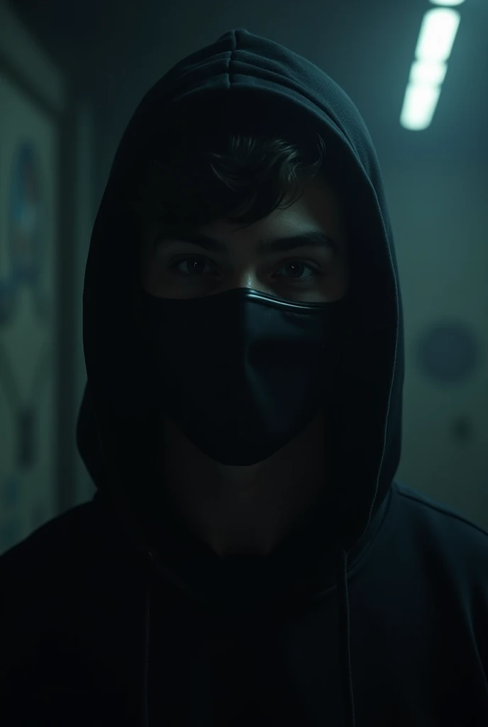 r man in a dark room with anonymous mask 