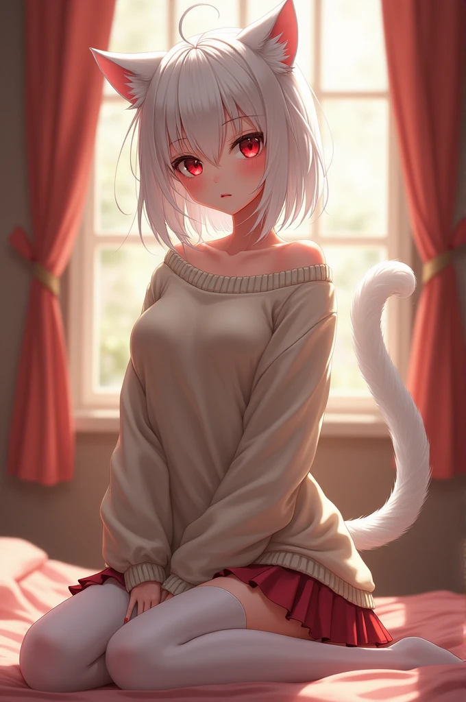 albino anime girl. with cat ears, and cat tail. Medium-sized breasts, dressed in a wool sweater and a short skirt, with long white stockings. In a room background.