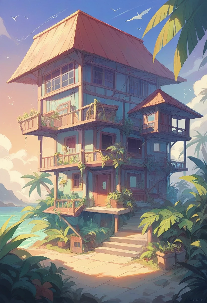 "Illustrate an old, vibrant ship resembling a house, with a colorful tropical aesthetic, standing proudly on the crystal-clear waters of a stunning exotic beach, surrounded by swaying palm trees and lush greenery."