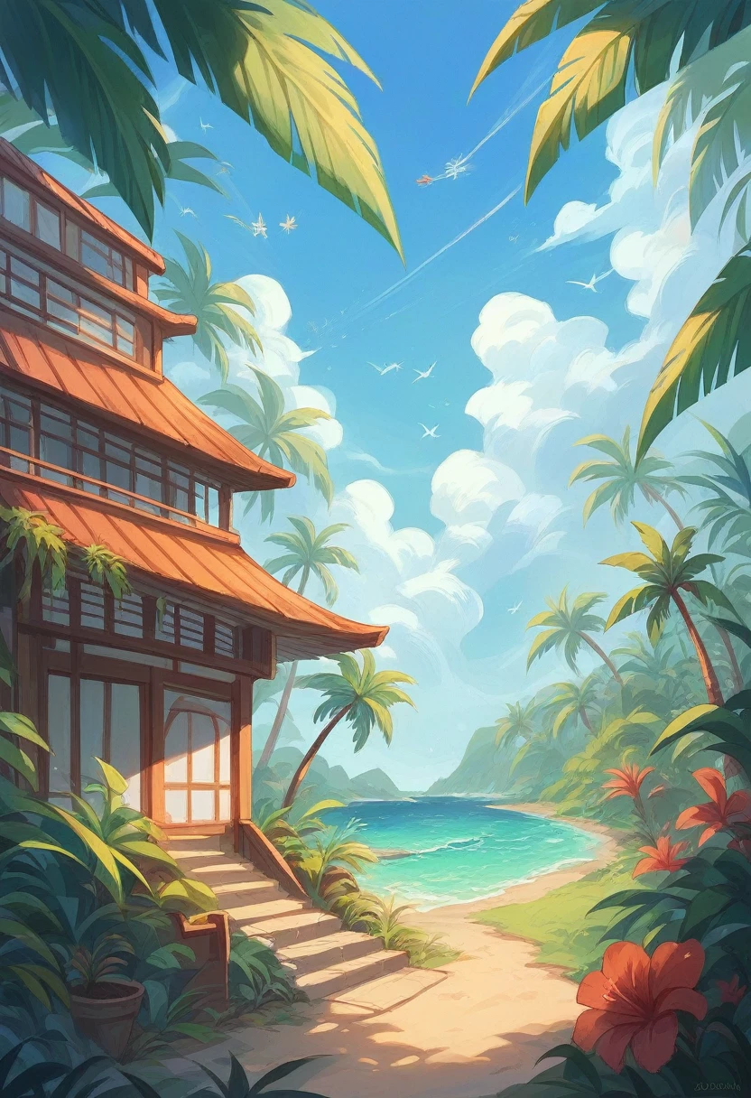 "Illustrate an old, vibrant ship resembling a house, with a colorful tropical aesthetic, standing proudly on the crystal-clear waters of a stunning exotic beach, surrounded by swaying palm trees and lush greenery."