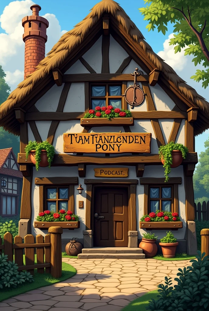 Create a logo for a podcast called: “Zum Tänzelnden Pony” in Lord of the Rings style with a microphone in the logo and the name “Zum Tänzelnden Pony” and an inn in German