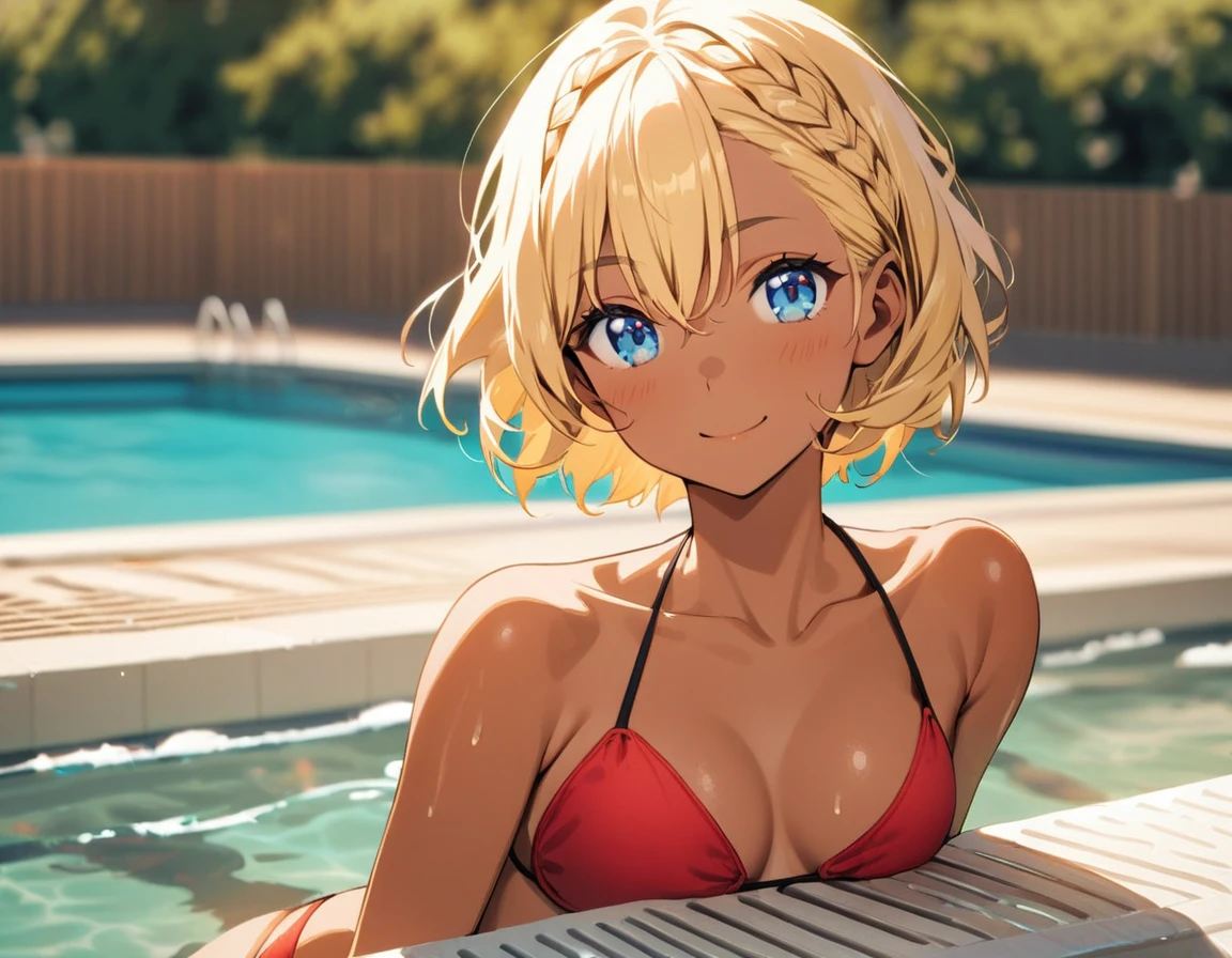 1girl(blond short hair, Braid, red bikini, Blue eyes, tall, Tan Skin. light smile), pool