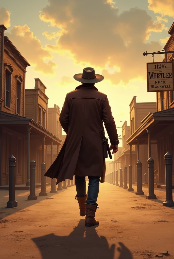 A cowboy walking through a town at dusk. The store he walks by has a sign that says, “The Whistler.” Another sign in the distance says “Nick Blackwell.” His back is shown.