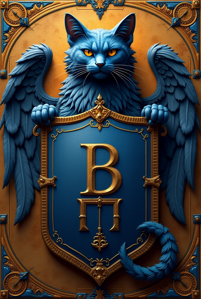 Create a coat of arms with the letters , " Bluecatbr " in high quality , for a motivational profile crie um cat como símbolo épico o menhor único